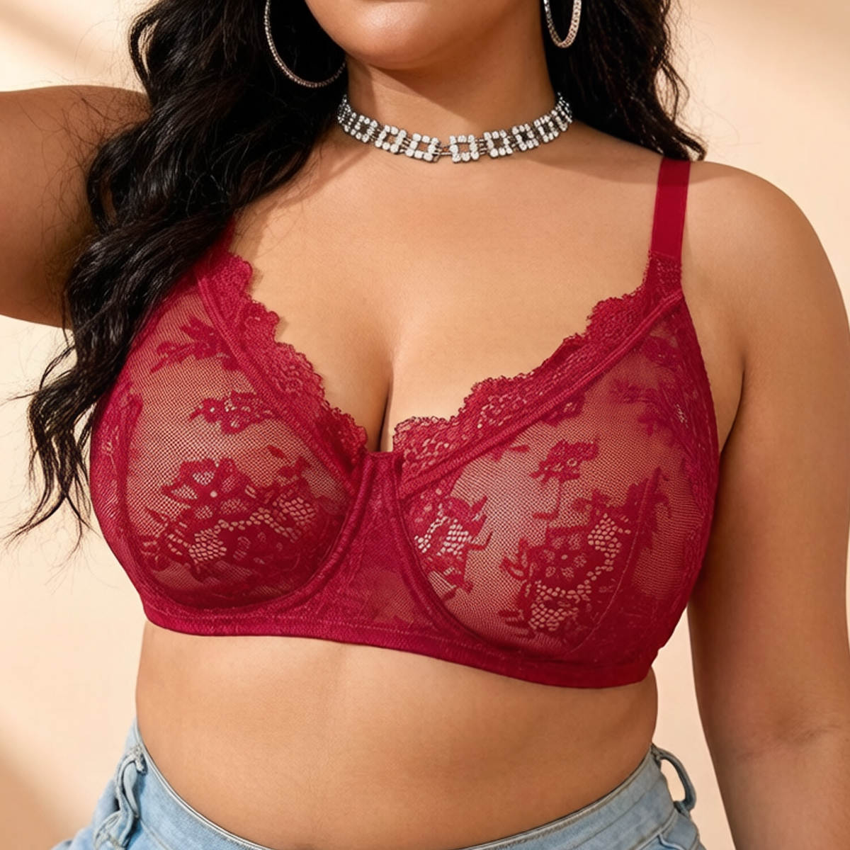 Women Plus Size Red Lace Sheer – Full Coverage Bra Bewertung und Preis