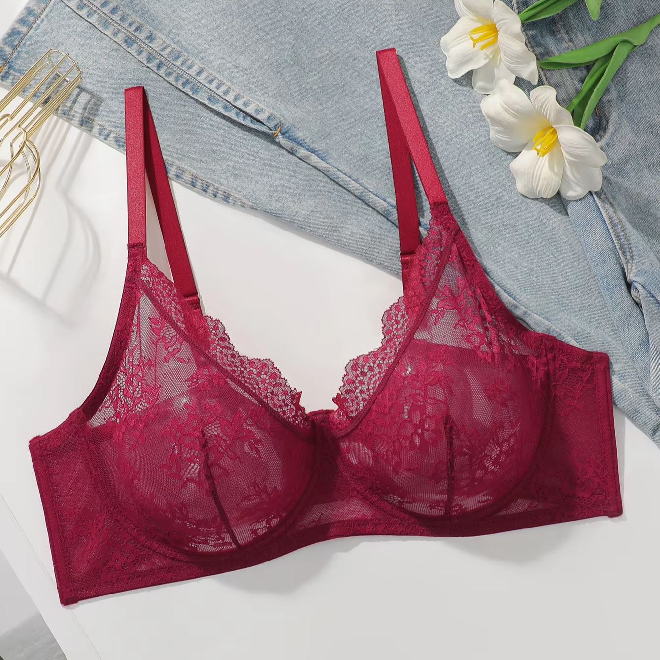 Women Plus Size Red Lace Sheer – Full Coverage Bra Bewertung und Preis