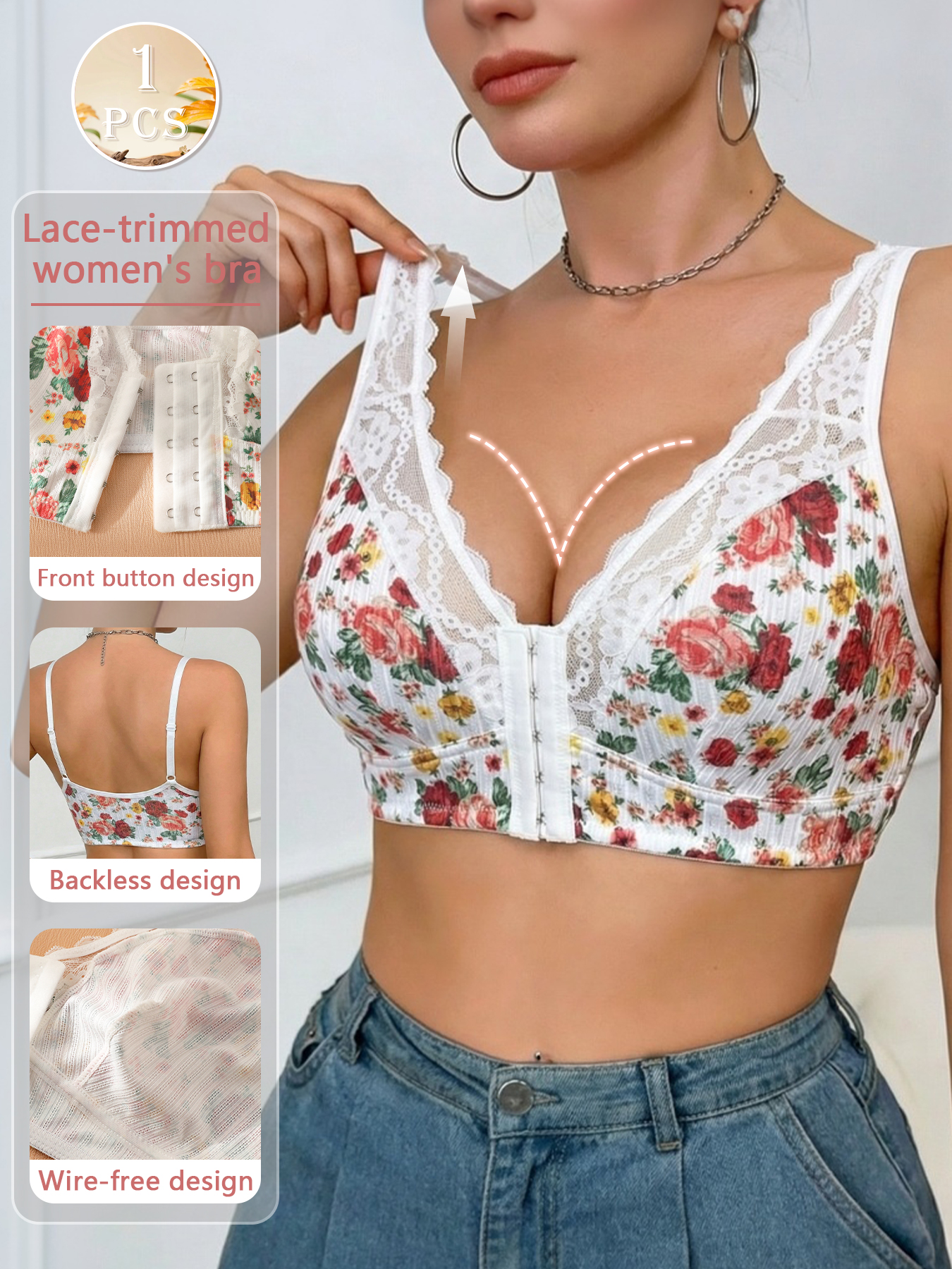 1pc Women's Floral Print Wirel – Wirefree Bra Comfort Bewertung und Preis